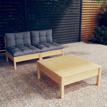 ARDEBO.de - 3-tlg. Garten-Lounge-Set mit Grauen Kissen Kiefernholz