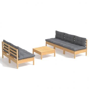 6-tlg. Garten-Lounge-Set mit Grauen Kissen Kiefernholz