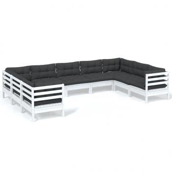 9-tlg. Garten-Lounge-Set mit Kissen Weiß Kiefernholz