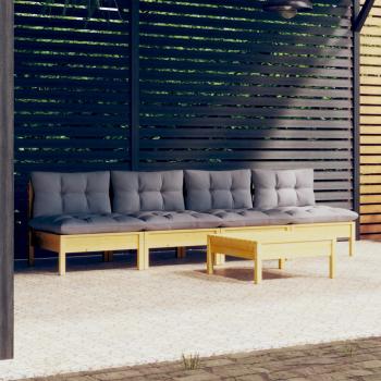 ARDEBO.de - 5-tlg. Garten-Lounge-Set mit Grauen Kissen Kiefernholz