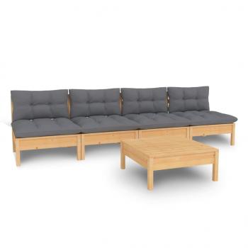 5-tlg. Garten-Lounge-Set mit Grauen Kissen Kiefernholz