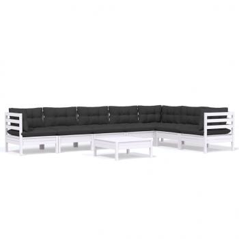 8-tlg. Garten-Lounge-Set mit Kissen Weiß Kiefer Massivholz