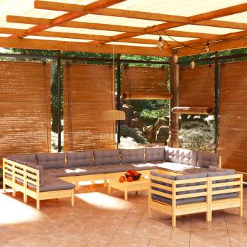 ARDEBO.de - 13-tlg. Garten-Lounge-Set mit Grauen Kissen Kiefernholz