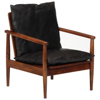 Sessel Schwarz Echtleder und Massivholz Akazie