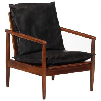 Sessel Schwarz Echtleder und Massivholz Akazie