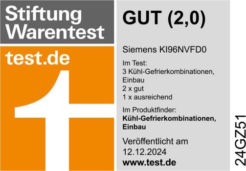 ARDEBO.de Siemens KI96NVFD0 iQ300 Einbau Kühl-Gefrierkombination, Nischenhöhe 194 cm, NoFrost, 290 L, Festtürtechnik, hyperFresh, LED Beleuchtung, weiß