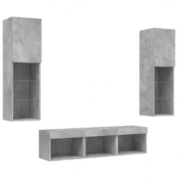 5-tlg. Wohnwand mit LED-Beleuchtung Betongrau Holzwerkstoff