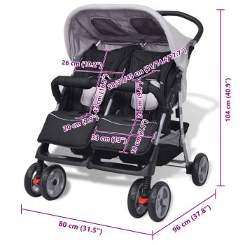 Zwillingskinderwagen Stahl Grau und Schwarz