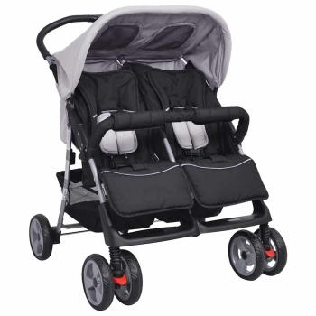 Zwillingskinderwagen Stahl Grau und Schwarz