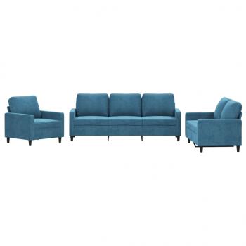 3-tlg. Sofagarnitur mit Kissen Blau Samt