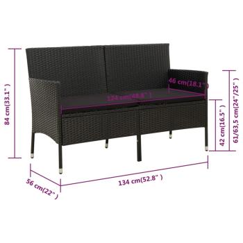 Gartensofa 3-Sitzer mit Kissen Schwarz Poly Rattan