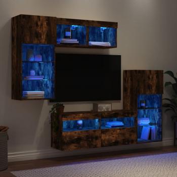 5-tlg. Wohnwand mit LED-Beleuchtung Räuchereiche Holzwerkstoff