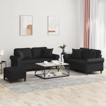 ARDEBO.de - 3-tlg. Sofagarnitur mit Kissen Schwarz Kunstleder