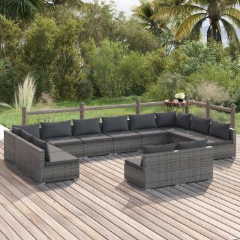 ARDEBO.de - 12-tlg. Garten-Lounge-Set mit Kissen Grau Poly Rattan