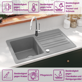 Granitspüle mit Abtropffläche Reversibel Grau