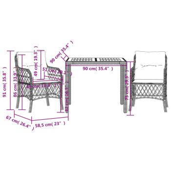 3-tlg. Bistro-Set mit Kissen Schwarz Poly Rattan