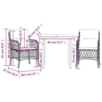 3-tlg. Bistro-Set mit Kissen Hellgrau Poly Rattan