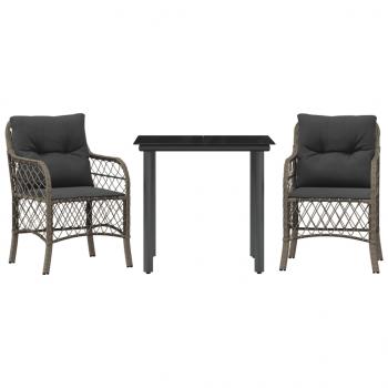 3-tlg. Bistro-Set mit Kissen Grau Poly Rattan