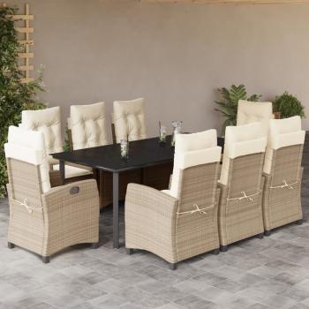 ARDEBO.de - 9-tlg. Garten-Essgruppe mit Kissen Beige Poly Rattan