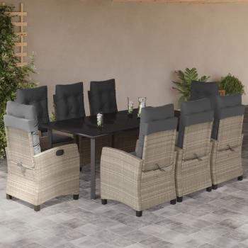 ARDEBO.de - 9-tlg. Garten-Essgruppe mit Kissen Hellgrau Poly Rattan