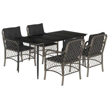 5-tlg. Garten-Essgruppe mit Kissen Grau Poly Rattan