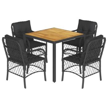 5-tlg. Garten-Essgruppe mit Kissen Schwarz Poly Rattan