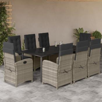 ARDEBO.de - 9-tlg. Garten-Essgruppe mit Kissen Hellgrau Poly Rattan