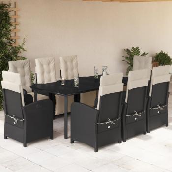ARDEBO.de - 9-tlg. Garten-Essgruppe mit Kissen Schwarz Poly Rattan