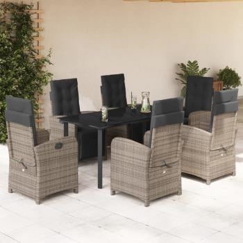 ARDEBO.de - 7-tlg. Garten-Essgruppe mit Kissen Grau Poly Rattan