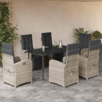 ARDEBO.de - 7-tlg. Garten-Essgruppe mit Kissen Hellgrau Poly Rattan