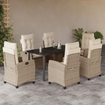 ARDEBO.de - 7-tlg. Garten-Essgruppe mit Kissen Beige Poly Rattan