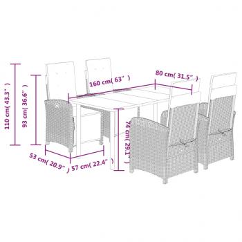 5-tlg. Garten-Essgruppe mit Kissen Schwarz Poly Rattan