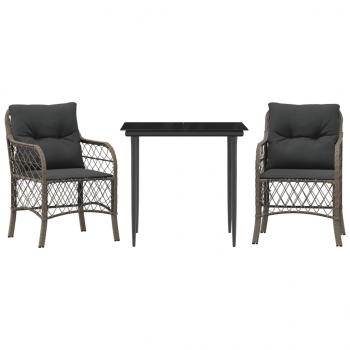 3-tlg. Bistro-Set mit Kissen Grau Poly Rattan