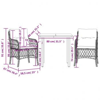 3-tlg. Bistro-Set mit Kissen Schwarz Poly Rattan