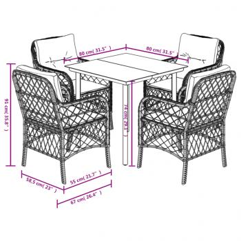 5-tlg. Garten-Essgruppe mit Kissen Braun Poly Rattan
