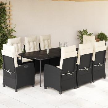 ARDEBO.de - 9-tlg. Garten-Essgruppe mit Kissen Schwarz Poly Rattan