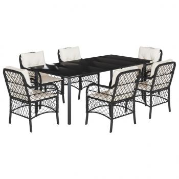 7-tlg. Garten-Essgruppe mit Kissen Schwarz Poly Rattan