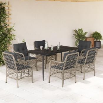 ARDEBO.de - 7-tlg. Garten-Essgruppe mit Kissen Hellgrau Poly Rattan