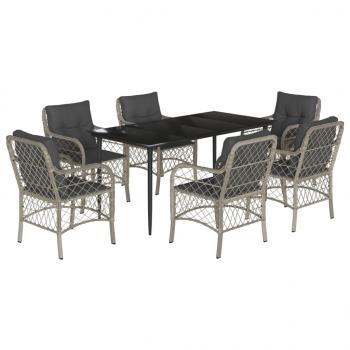 7-tlg. Garten-Essgruppe mit Kissen Hellgrau Poly Rattan