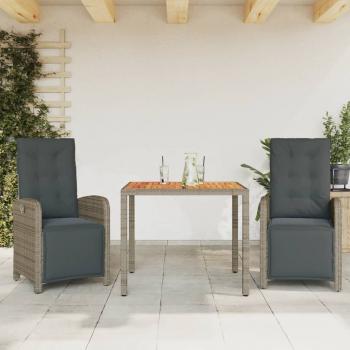 ARDEBO.de - 3-tlg. Bistro-Set mit Kissen Grau Poly Rattan