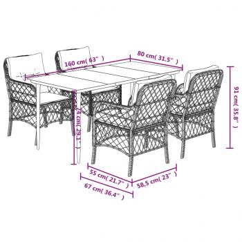 5-tlg. Garten-Essgruppe mit Kissen Braun Poly Rattan