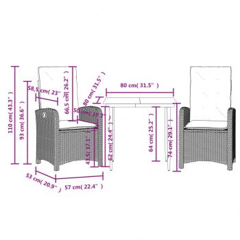 3-tlg. Garten-Essgruppe mit Kissen Grau Poly Rattan