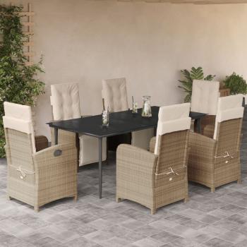 ARDEBO.de - 7-tlg. Garten-Essgruppe mit Kissen Beige Poly Rattan