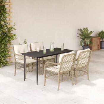 ARDEBO.de - 5-tlg. Garten-Essgruppe mit Kissen Beige Poly Rattan
