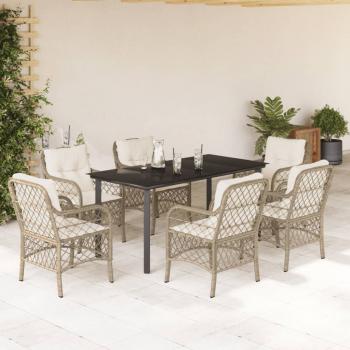 ARDEBO.de - 7-tlg. Garten-Essgruppe mit Kissen Beige Poly Rattan