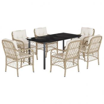 7-tlg. Garten-Essgruppe mit Kissen Beige Poly Rattan