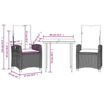 3-tlg. Garten-Essgruppe mit Kissen Braun Poly Rattan