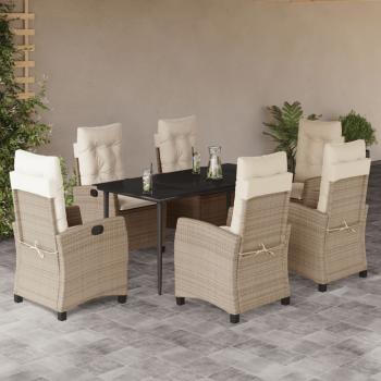 ARDEBO.de - 7-tlg. Garten-Essgruppe mit Kissen Beige Poly Rattan