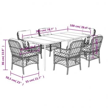 7-tlg. Garten-Essgruppe mit Kissen Schwarz Poly Rattan
