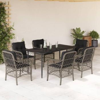 ARDEBO.de - 7-tlg. Garten-Essgruppe mit Kissen Grau Poly Rattan